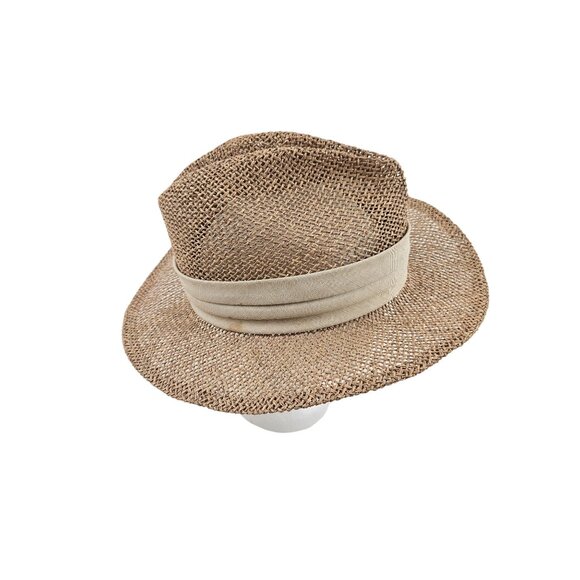 Chi Chi Collection Straw Fedora Hat Beige Band Size Small Medium Wide Brim - Picture 2 of 9